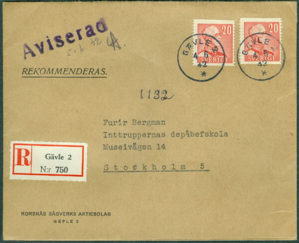 F  276 x 2 på vackert Rek.brev stpl GÄVLE 2  4.6.42  (X/Gä)