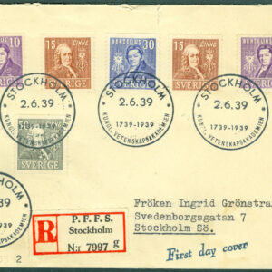 Sverige – FDC 1939-06-02 – Kung Vetenskapsakadem 200 år, REK+FDC stämpel Adressat