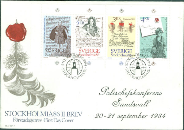 Sverige - FDC 1984-06-06 - Stockholmia 86 II, 4 kpl Vinjett 1 Adressat