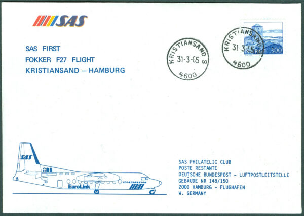 Norge - 1985-03-31 SAS First Fokker F 27 Flight Kristiansand - Hamburg