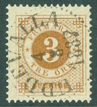 F   41 Ringtyp posthorn, 3 öre. Liggande stpl UDDEVALLA 4.8 1887  (O/Bo)