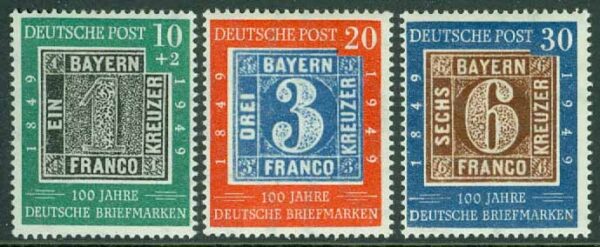 Tyskland - M  113-115 Tyska Frimärken 100 år 1949, 3 kpl **