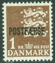 Danmark – F PF 38 Lilla riksvapnet, Postfaerge 1 kr brun *