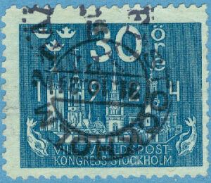 F  201b Världspostkongressen 30 öre grönaktigt blå stpl