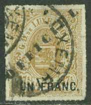 Luxemburg – M    25 Statsvapen, påtryck UN FRANC stpl, riss (Kat.v: € 100:-)