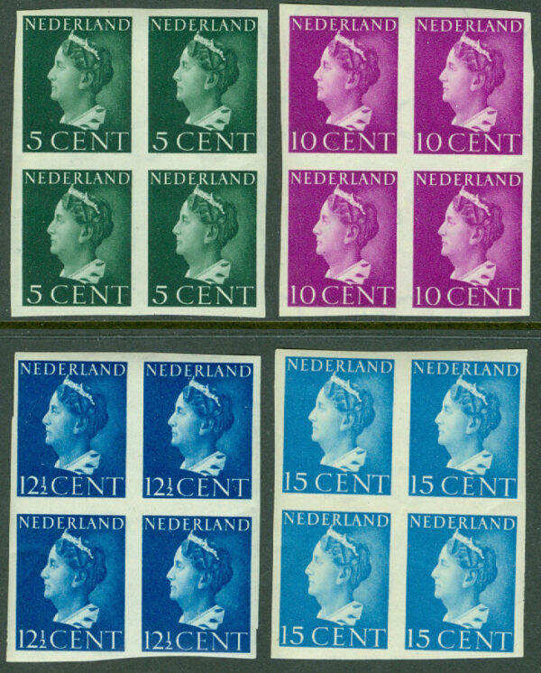 Nederländerna - M  341 U, 343-345 U Drottning Wilhelmina, 4 kpl fyrblock **
