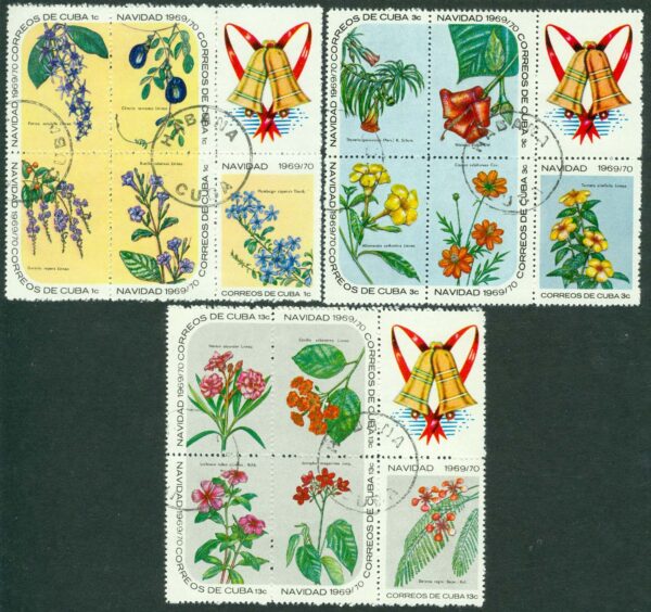 Kuba - M 1536-1550 Zf Blommor, Jul 1969-70, 3 x 6 Block stpl