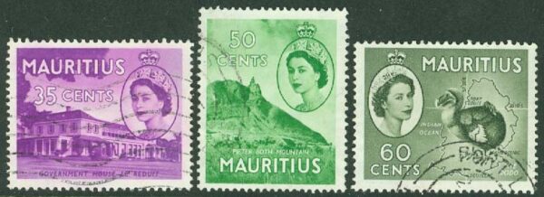 Mauritius - M  251-253 Elisabeth II och landsmotiv, 3 ol stpl