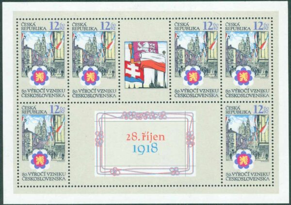Tjeckien - M  196 Tjeckoslovakiens grundande 80 år, miniark ** REA! Läs mer!