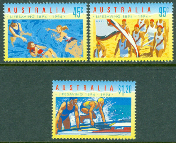 Australien - M 1386-1388 Australiensiska Livräddningssällskapet 100 år, 3 ol **