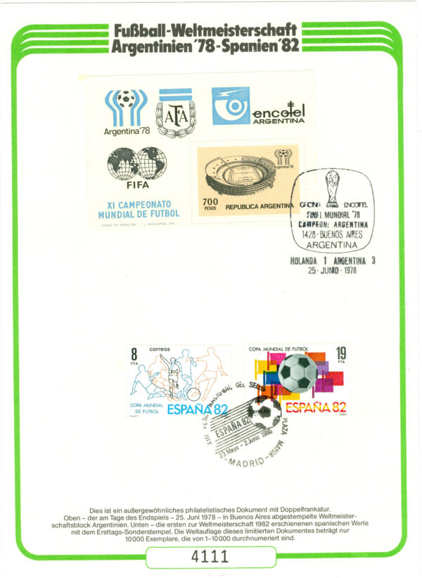 Argentina, Spanien - Numrerat minnesblad VM i fotboll i Argentina 1978 och Spanien 1982