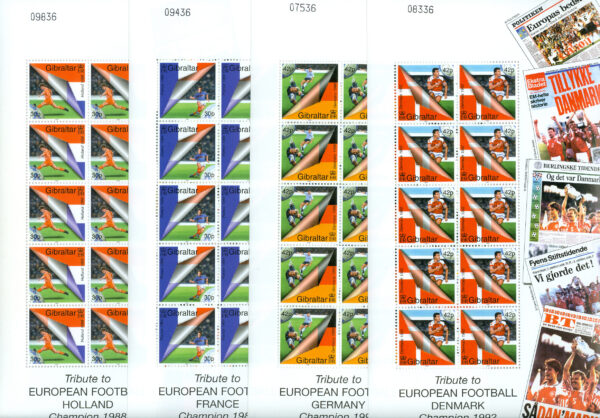 Gibraltar - M  909-913 EM i fotboll 2000 i Belgien och Holland, 4 st miniark kpl **