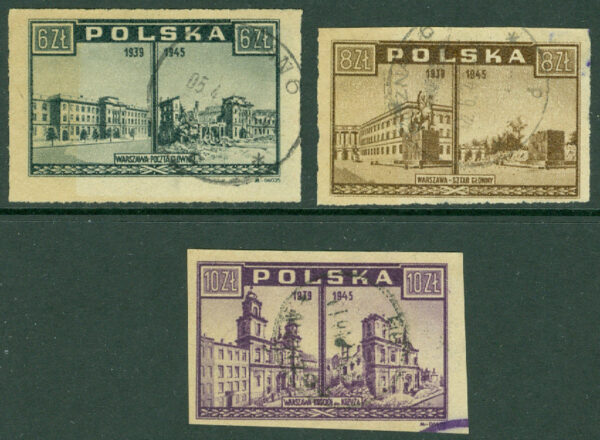 Polen - M  417-419 Warszawa före och efter förstörelsen, 3 ol stpl