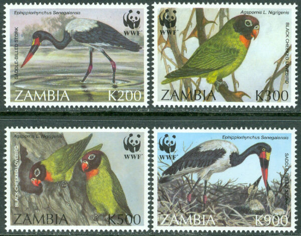 Zambia - M  656-659 Fåglar - Stork - Dvärgpapegoja WWF, 4 kpl **