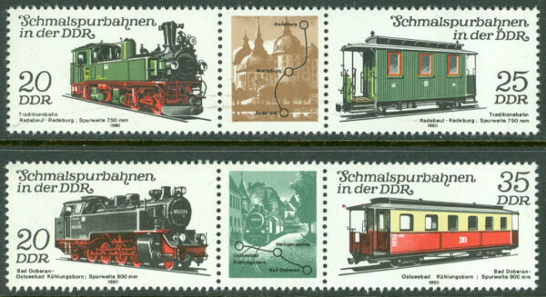 DDR - M 2562-2565 Smalspårsbanor I, 2 st 3-strip kpl **