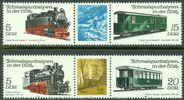 DDR - M 2629-2632 Smalspårsbanor II, 2 st 3-strip kpl **