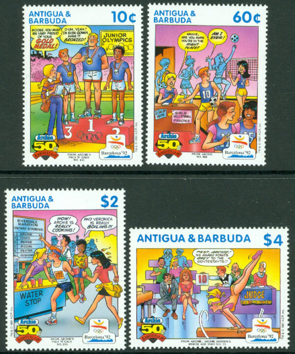 Antigua & Barbuda - M 1537, 1540, 1542-1543 OS i Barcelona 1992, " Archie Comic Publications"  50 år, 4 ol */**