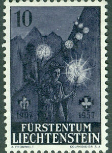 Liechtenstein – M  360 Scoutrörelsen 50 år, Baden-Powells födelse 100 år, 10 Rp stpl