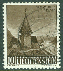 Liechtenstein – M  362 Jul 1957, St.-Mamertus-Kapellet, Triesen, 10 Rp stpl