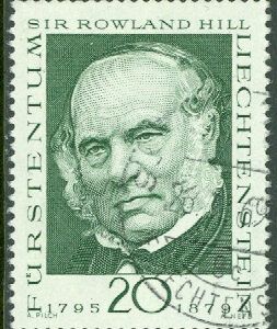 Liechtenstein – M  503 Pionjärer inom filateli, Sir Rowland Hill, 20 Rp stpl
