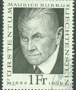 Liechtenstein – M  505 Pionjärer inom filateli, M Burrus, 1 Fr stpl