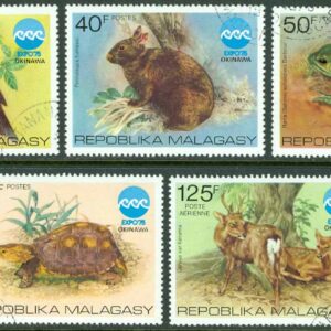 Madagaskar – M  757-761 Djur bla Axishjort – Expo 75, 5 kpl stpl