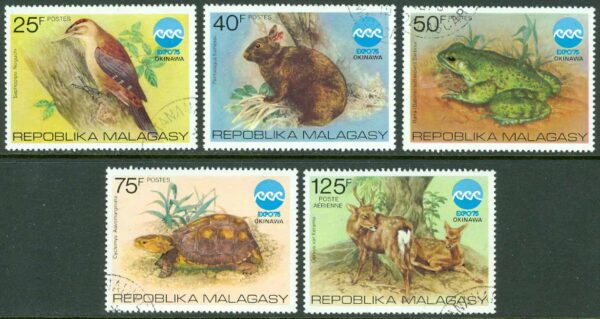 Madagaskar - M  757-761 Djur bla Axishjort - Expo 75, 5 kpl stpl