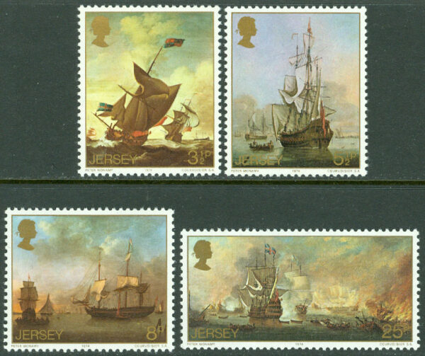 Jersey - M  110-113 Målningar av segelfartyg, sjöslag, 4 kpl **