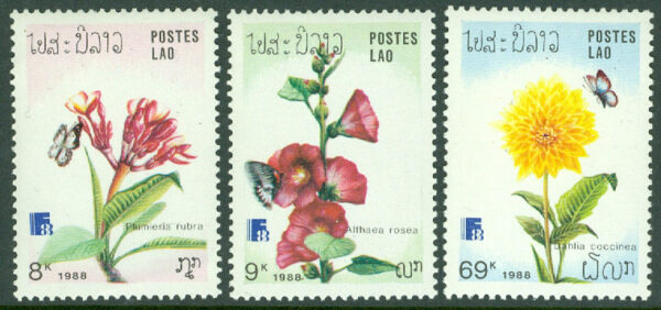 Laos - M 1098-1099, 1103 Int. Frim.utst. FINLANDIA 88, BLOMMOR OCH FJÄRILAR, 3 OL **