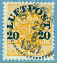 F 137 Luftpost 20 öre på 2 öre gulorange, SUNNE 29.8 1921