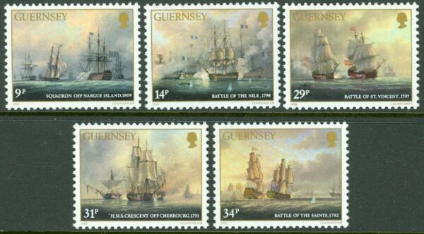 Guernsey - M  352-356 Segelfartyg. Amiral Saumarez död 150 år, 5 kpl **