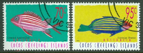 Cocos Islands - M  367-368 Fiskar. Bl.a. Pseudocheilinus hexataenia, 2 ol stpl