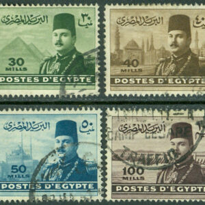 Egypten – M  319-322 Kung Faruk I och byggnadsverk, 4 ol stpl