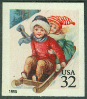 USA – M 2676 Julfrimärke 1995, kälkåkande barn, 32 C **