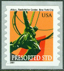 USA – M 3474 BC Frimärke för massförsändelser, Atlas-statyn vid Rockefeller Center, NY, 1 kpl **