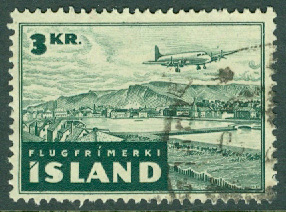 Island – F   279 Luftpost, flygplan över Reykjavik, 3 kr stpl