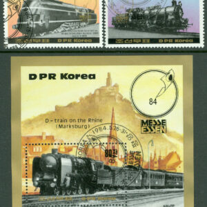 Nordkorea – M 2465-2466 + BL 177 Int. frimärksmässa i Essen. Tyska lok, 2 + block kpl stpl