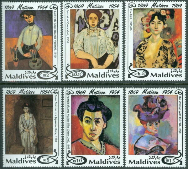 Maldiverna - M 2095-2100 Målningar av H. Matisse (1869-1954), fransk konstnär, 6 kpl **