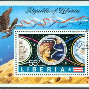 Liberia – M  902 (BL 69 A) Kopernikus födelse 500 år, Framtida satellitstation framför Mars, block stpl