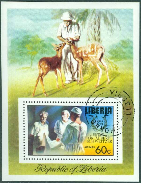 Liberia - M  966 (BL 77 A) Albert Schweizers födelse 100 år, block stpl