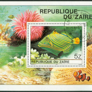 Zaire – M  672 (BL 38) Tropiska fiskar. Orangerandig tryckarfisk, block stpl