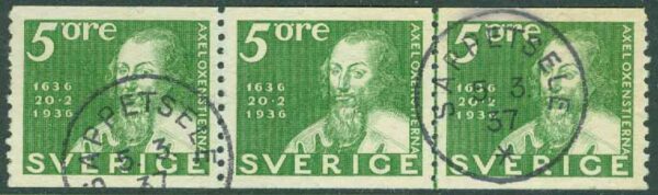 F  246A Postverket 300 år 5 öre. Trestrip SAPPETSELE 5.3.37  (AC/L)