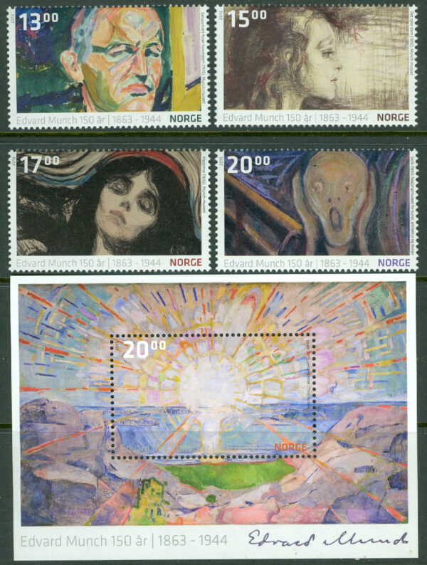 Norge - F 1835-1838 + BL 50. Edward Munch 150 år, 4 kpl + block **