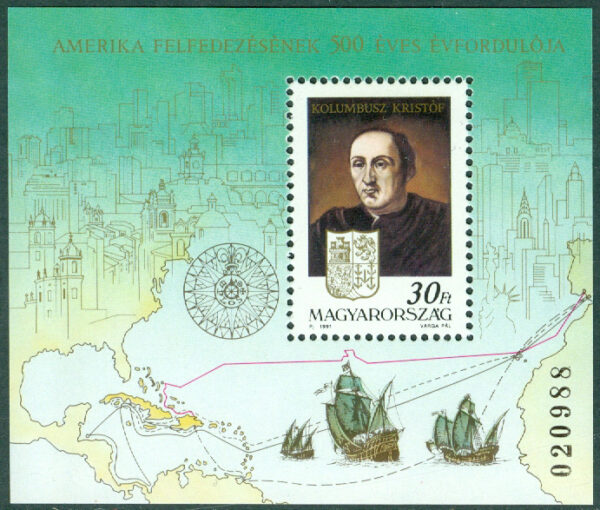 Ungern - M 4170 (BL 217 A) Upptäckten av Amerika 500 år, block kpl  **