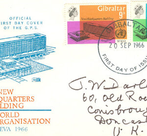 Gibraltar – FDC 1966-09-20 – Invigning av WHO i Geneve, fin serie 2 kpl