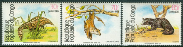 Kongo Brazzaville - M  930 A-C Djur bl.a. fladdermus, 3 kpl **