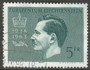 Liechtenstein – M  427 Furste Franz Josef II vid tronen 25 år, 1 kpl stpl
