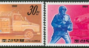Nordkorea – M 3036-3037 Brandbilar & Brandmän, fin serie 2 olika **
