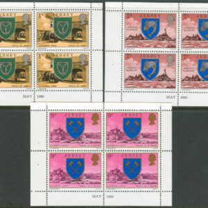 Jersey – M  132, 135, 137 Landskap – Byggnader – Vapen, 3 x 4 Häftesblock **