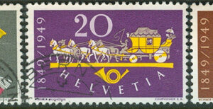 Schweiz – M  519-521 Posten 100 år – Hästar – Bussar, serie 3 kpl